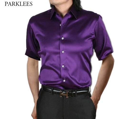 Purple Silk Luxury Dress Shirt Men 2019 Summer Short Sleeve Smooth Satin Shirts Mens Busienss Casual Club Party Chemise Homme