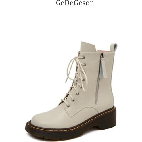 Comfortable High Heel Boots Women Genuine Cowhide and Warm Wool Lining Ankle Martin Shoes Side Zipper Fashion Design Winter Wear