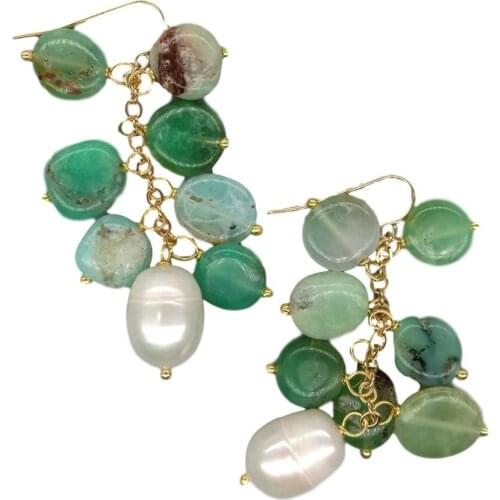 YYGEM Natural Green Chrysoprase Freeform Cultured White Rice Pearl Hook Dangle Earrings