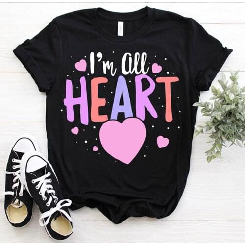 I'M All Heart Love Printed T-Shirt Women Short Sleeve Loose Sweet Black Femme Couple Tee Shirts Valentines Day Shirt For Girls
