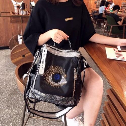 Womens Shiny Diamond Leather Backpack Big Eye Pattern Daily Chic Backpacks