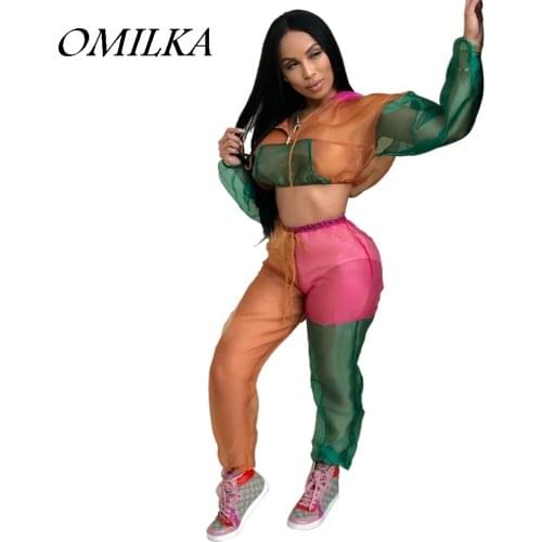 OMILKA 2018 Autumn Women Long Sleeve Hooded Front Zipper Crop Top and Long Pants Sexy See Through Organza 2 Piece Clothing Set