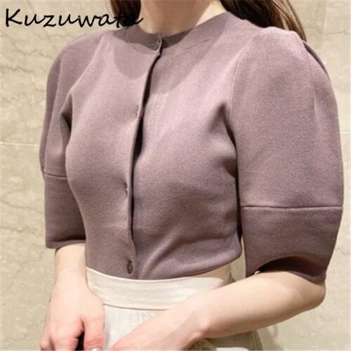 O Puff Neck Short Sleeve Single Breast Knit Sweater Women Multicolor Simple Loose Pull Femme Coat Summer 2021 Sueter