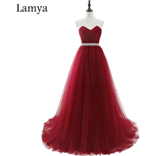 LAMYA Real Photo Cheap Plus Size Long Formal Evening Dresses Women Wine Red Tulle Bride Banquet Elegant Prom Dress