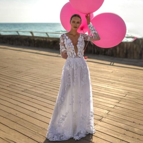 Deep V-neck 3D Flowers Lace Sheath Long Sleeves Wedding Dress White vestido de fiesta de boda Bridal Dress Sweep Train
