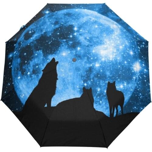 Wolves of the Full Moon Starry Sky Umbrella Three Folding Full Automatic Run Rain Children Umbrella Windproof Anti UV Umbrellas