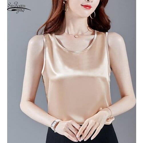 2021 Casual Loose Solid Women Shirt New Round Neck Wild Satin Sleeveless Blouse Women Bottoming Tops Clothing Blusas Mujer 9559