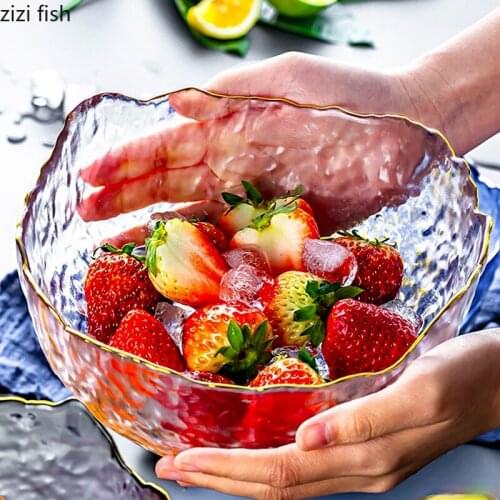European Crystal Glass Fruit Plate Gilded Border Dessert Salad Plate Household Clear Glass Fruit Plate Kitchen Tool Home Decor