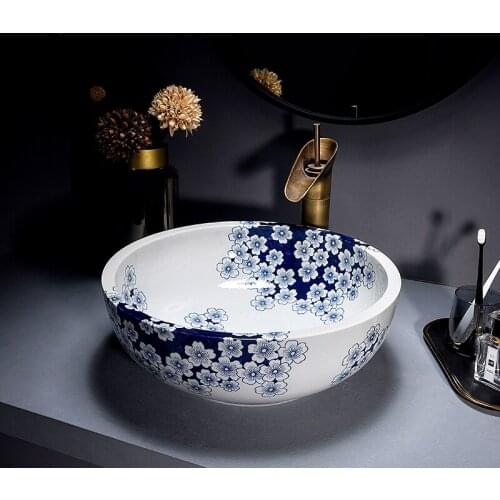 Above counter basin blue and white hand painted ice plum ceramic wash basin retro art washbasin bathroom vanity home