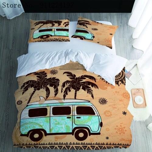 Summer Surf Bus Duvet Cover Set Happy Travel Bedding Set Soft Microfiber Coconut Tree Printing Quilt Cover Twin Full Queen King