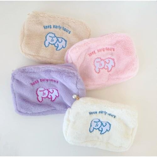 Cute Lady Mini Cosmetic Bag Purse Organizer Plush Embroidery Bear Dog Rabbit Sanitary Pad Tampon Storage Pouch Girls Beauty Case