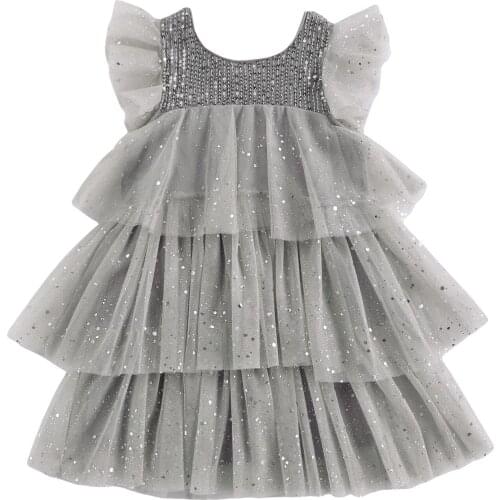 Lovely Summer Kids Baby Girls princess Dress zipper sequin High-Waist Short Sleeve Round Collar Layered Pleated Mesh Dresses