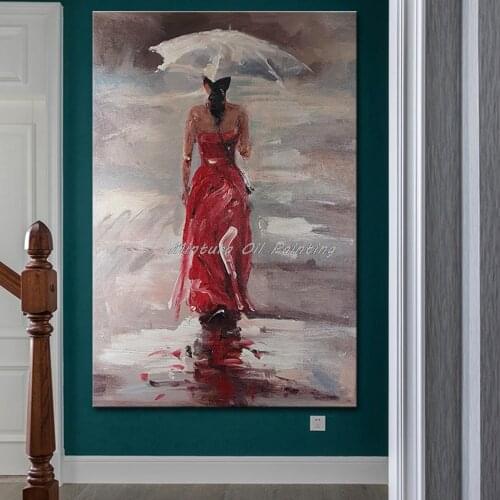 Mintura Wall Picture for Living Room Oil Paintings on Canva Hand Painted A Girl in A Red dress Home Decoration Wall Art No Frame
