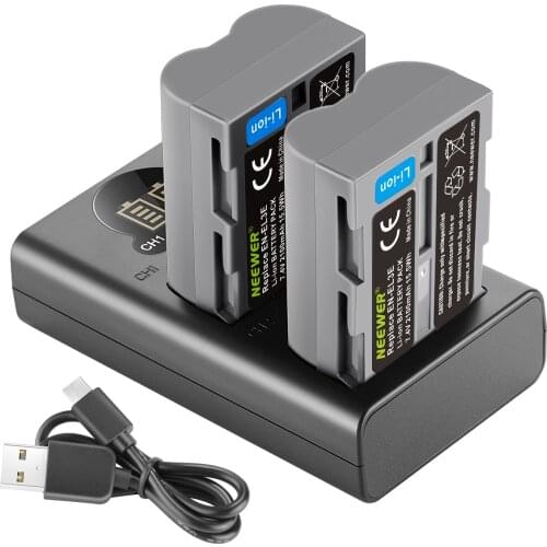 Neewer 2 Packs 2100mAh Battery Replacement for Nikon EN-EL3e Battery and Dual USB Charger with LCD Display