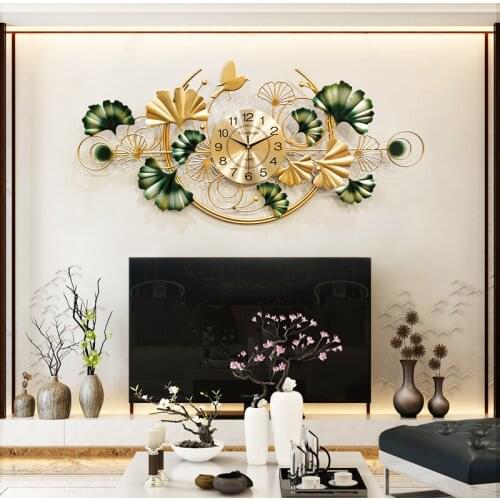New Chinese Ginkgo biloba large pendant living room sofa TV background wall wrought iron ornaments wall clock