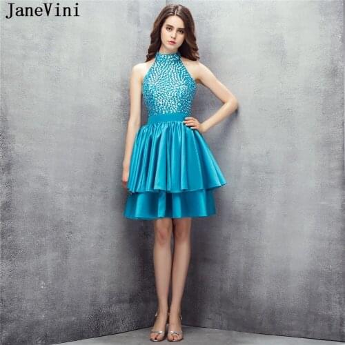 JaneVini Charming Short Satin Bridesmaid Dresses 2018 Halter Crystal Backless A Line Prom Gowns Mini Homecoming Dress Plus Size