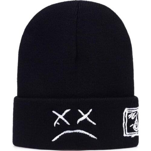 Autumn winter warm beanie hats Crying face Embroidery Lil Peep beanie caps Men women Sad boy face knitted hats hip hop hats