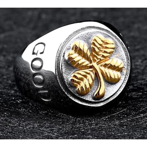 Casual Fashion GOOD LUCK Gold Four Heart Petals Clover Rings for Men