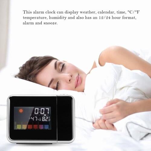 Projection Digital Weather LCD Screen Snooze Alarm Clock Color Display w/ LED with USB Charging Cable