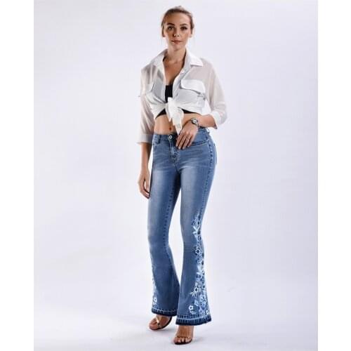 Flare Bell Bottom Jeans Women Denim 4xl Plus Size for Woman Blue Pants Embroidered Clothes Wide-leg Washed Trousers Bleached