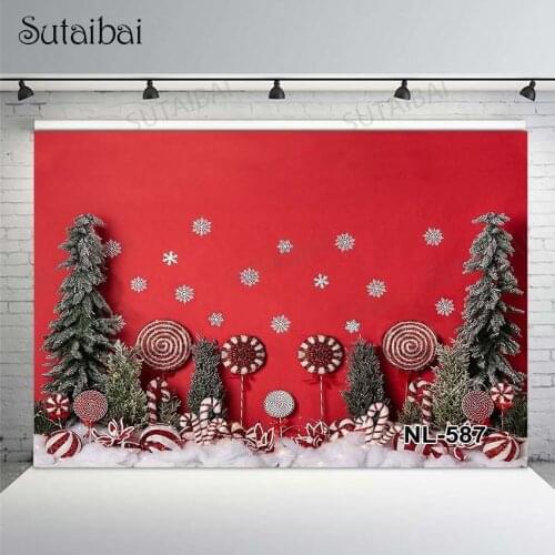 Merry Christmas Backdrop Photography Xmas Tree Candys Snowflakes Red Photo Background Child Kids Famliy Party Photo Studio Props