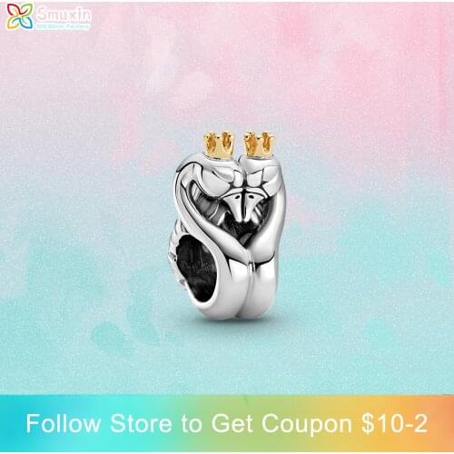 Smuxin 925 Sterling Silver Charm Two-tone Swans & Heart Charm fit Original Pandora Bracelets Women Jewelry Making Girl Jewelry