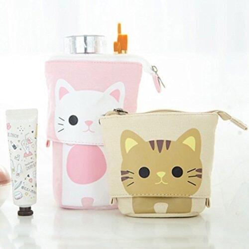 Pencil Pouch Bag Cartoon Cute Cat Telescopic Stationery coins bag washable canvas pen holder Lightweight large capacity