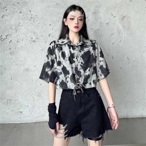 Harajuku Streetwear Vintage Splash Ink Printing Drawstring Short Sleeve Loose Single Breasted Oversized Short Blouses Shirt