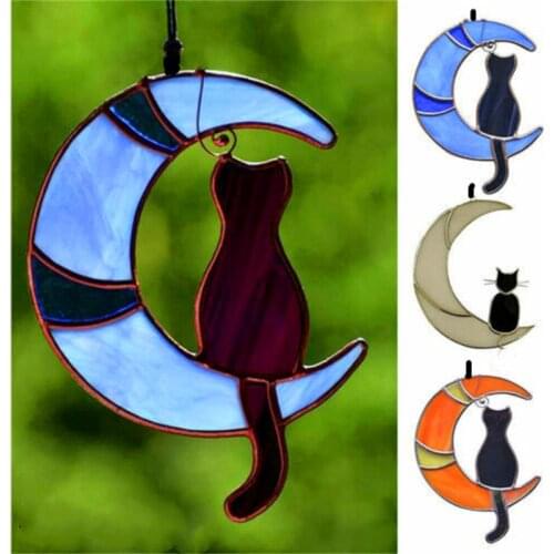 Stained Glass Cat On The Moon Window Hanging Sticker Sun Catcher Cat Lover Gift Pet Gift Black Cat On The Moon Home Decor
