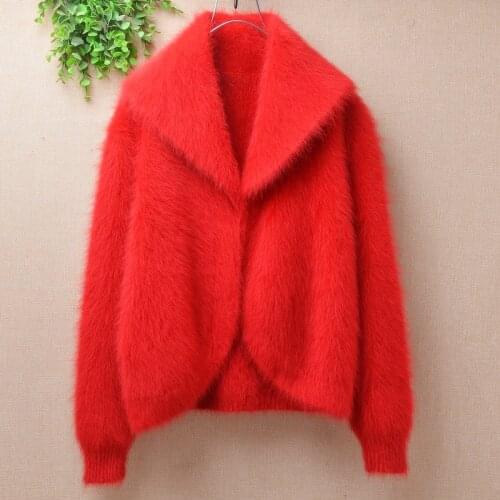 Ladies women fashion red hairy plush mink cashmere knitted turn-down neck slim short cropped cardigans angora fur jacket coat