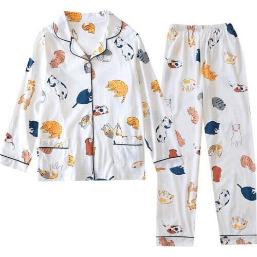 Womens Knitted Long Sleeve Long Pants Two Piece Set Pajamas for Womens Summer and Autumn Cotton Loose Style Printing Pajamas
