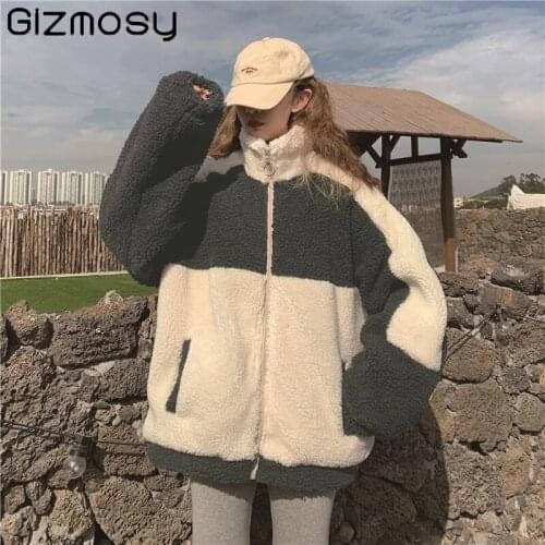 Gizmosy Lamb Wool Coat Women Autumn Winter Plus Velvet thick Jacket Warm Soft Zipper Fuax Fur Patchwork Jacket Loose Outwear