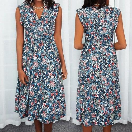 Summer New Floral Sleeveless Sexy V-neck High Waist Split Dress Casual Loose Nightclub Printed Dress Fashion Ruffle A-line Skirt