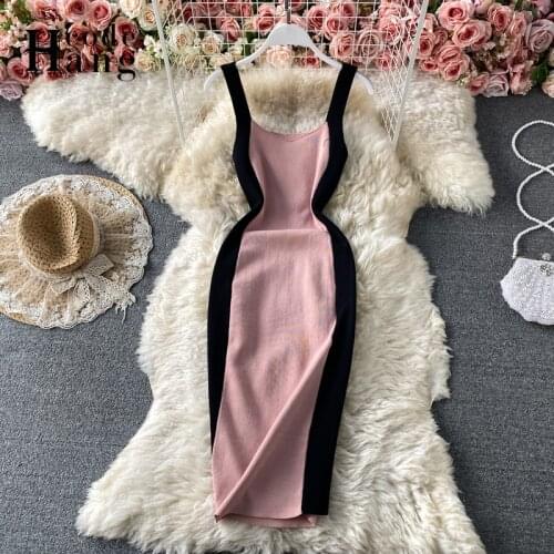 HangCode Elegant Color Patchwork Knitted Bodycon Dress Women Fashion Sleeveless Midi Summer Dress Ladies Office Dress Vestidos