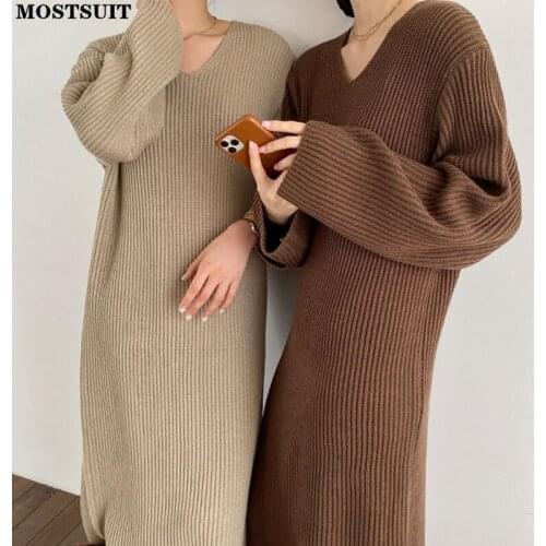 V-neck Knitted Sweater Dress Women Autumn Winter Full Sleeve Loose Waist Long Ankle-length Dresses Solid Vintage Basic Vestidos