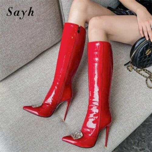Winter Woman Patent Leather Bling Rhinestones Knee High Boots Pointy Toe Thin Heels Zipper Bootie Shoes Size US8