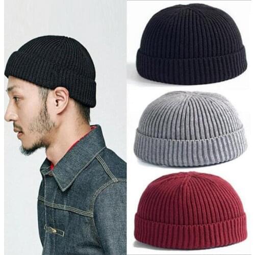 Unisex winter warm Mens knitted skullcap casual cuff brimless Hip Hop hat short melon ribbed ski fisherman docker beanie hats