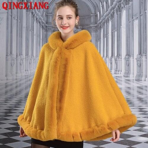 2020 Women Faux Rex Rabbit Fur Nack Loose Poncho With Hat Cape Big Pendulum Outstreet Dovetail Cardigan Winter Warm Thick Coat