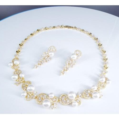 2020new fashion luxury shellpearl CZ zircon golden necklace earring set,wedding bridel party banquet dress jewelry free shipping