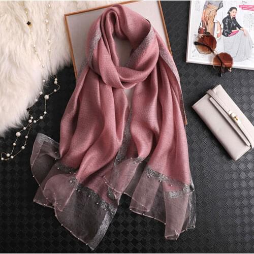 2021 Solid Beading women scarf summer silk scarves lady shawl wrap hijab foulard female bandana pashmina Pearl jewel headband