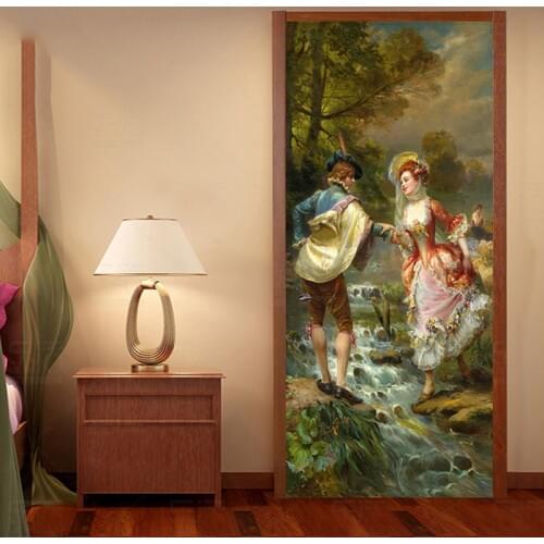European Style 3D Oil Painting Figure Door Sticker Living Room Bedroom Self-Adhesive Waterproof Wall Sticker Home Decor 3D Decal