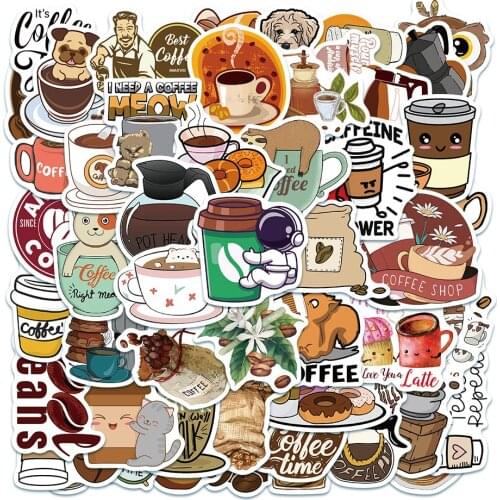 50PCS Cartoon Coffee Stickers PVC For Girl Kawaii Decal Sticker Toy DIY Stationery Luggage Suitcase Laptop Guitar Pegatinas
