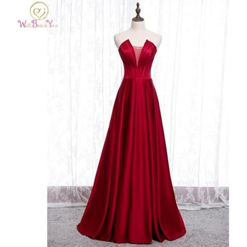 Long Elegant Ceremony Woman Dresses Burgundy Prom Gown Simple Satin Strapless V Neck A Line Sheer Neck Homecoming Dress Party