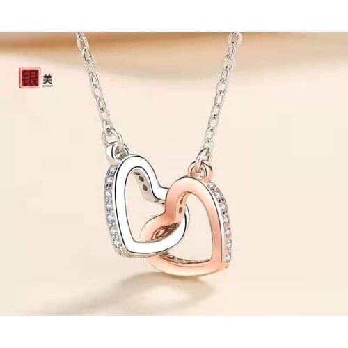 Heart-to-Heart Double Ring Necklace Simple Pendant Clavicle Chain Valentines Day Gift Silver Accessories