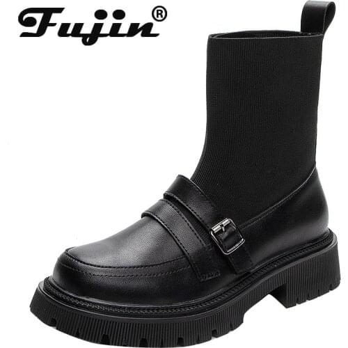 Fujin Platform Wedge Women Boots Platform Stretch Boots Black Genuine Leather Winter Boot Ankle for Women Female Warm Motorcycle
