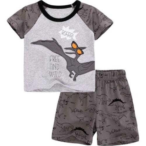 2pcs/set 2021 Summer Baby Boy T-shirt Shorts Set Childrens Wear Embroidery Dinsaur T Shirts Pants Funny Clothes Football Tees