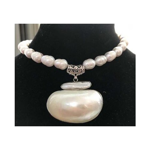Hot sale 17" 10-13mm white biwa dens pendant freshwater pearl necklace mabe pendant