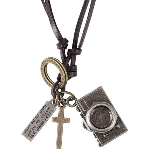 Jessingshow Boho Vintage Men necklace Adjustable Genuine Leather Cord Necklace Feathers Pendant Long Necklace Gift Handmade