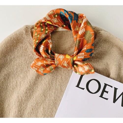 Luna&Dolphin Small Square Scarves 53x53cm 100% Real Silk Country Style Orange Flower Bandanas Headbands Kerchief Neckerchief