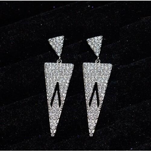 Cute Style Full Pave AAA+ Top Luxury Zircon Triangle Dangle Earrings Silver Plated Jewelry for Women